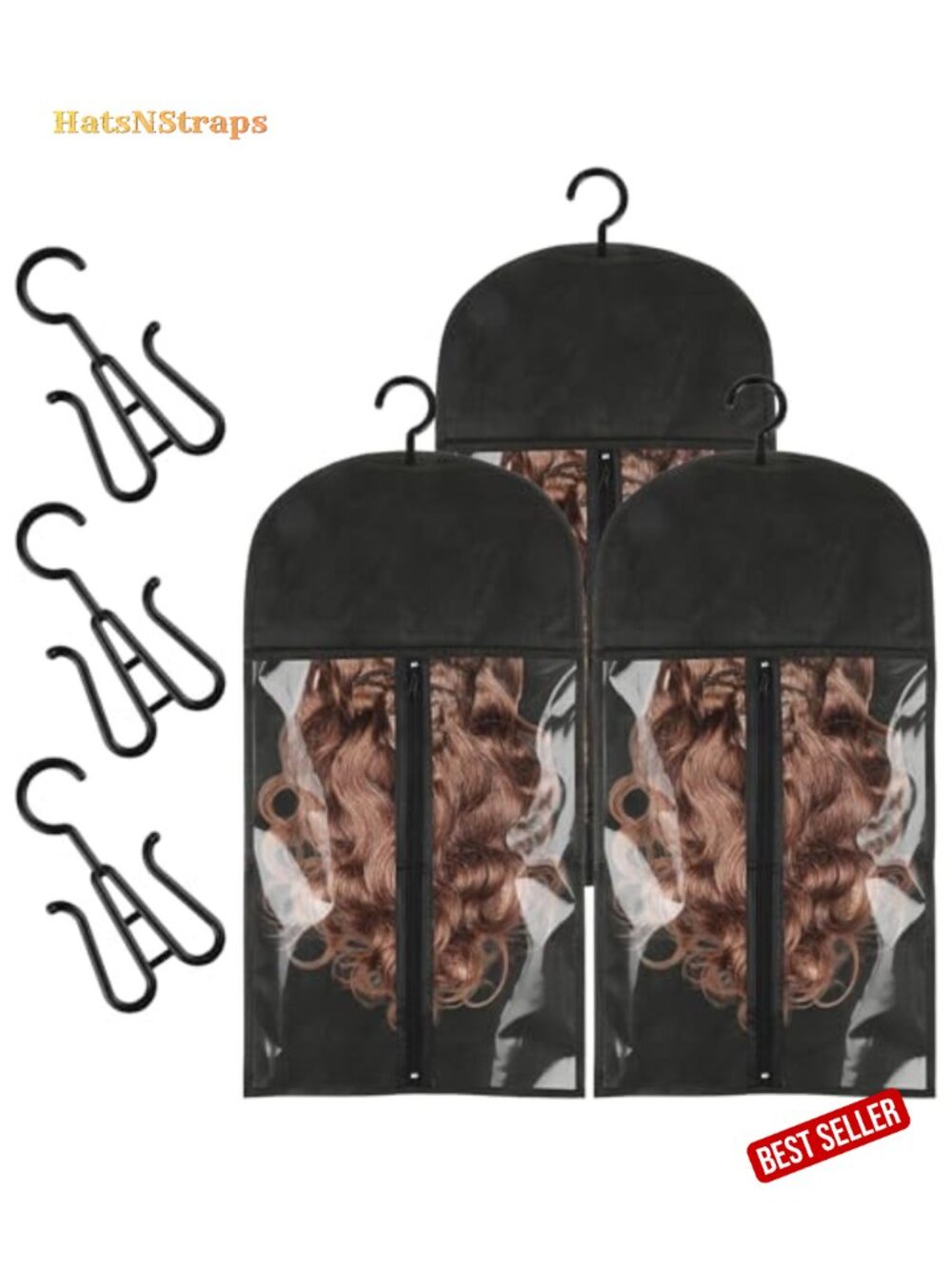 3 Pcs Wig Storage Bags with Hangers, Non-Woven Fabric, Transparent Window, Hair